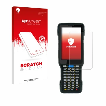 Parte frontal de un envase de producto con el logotipo de la marca upscreen. Al lado se muestra el dispositivo Unitech HT730 c