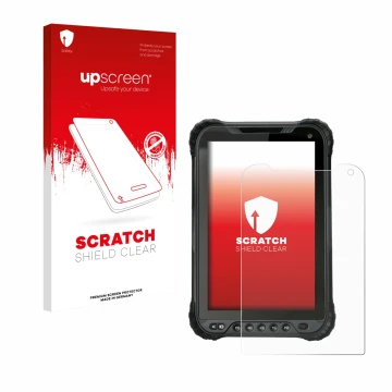 Parte frontal de un envase de producto con el logotipo de la marca upscreen. Al lado se muestra el dispositivo Unitech TB85 Pl