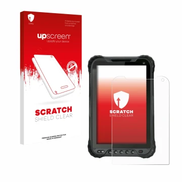 Parte frontal de un envase de producto con el logotipo de la marca upscreen. Al lado se muestra el dispositivo Unitech TB85 co