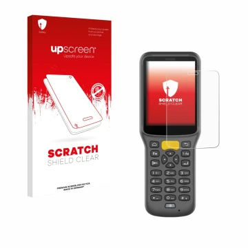 Parte frontal de un envase de producto con el logotipo de la marca upscreen. Al lado se muestra el dispositivo Newland MT37 Ba