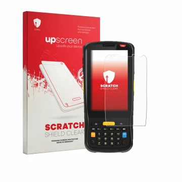 Parte frontal de un envase de producto con el logotipo de la marca upscreen. Al lado se muestra el dispositivo Newland MT65 Be