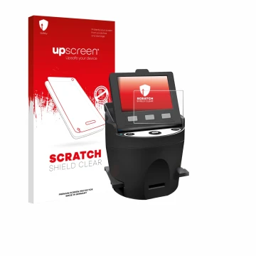 Parte frontal de un envase de producto con el logotipo de la marca upscreen. Al lado se muestra el dispositivo Kodak SCANZA co