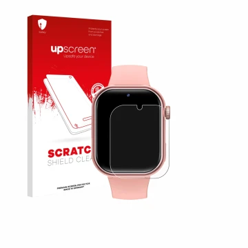 Parte frontal de un envase de producto con el logotipo de la marca upscreen. Al lado se muestra el dispositivo Naixues Kids Sm