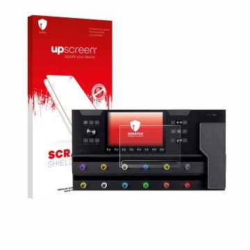 Parte frontal de un envase de producto con el logotipo de la marca upscreen. Al lado se muestra el dispositivo Line 6 Helix St