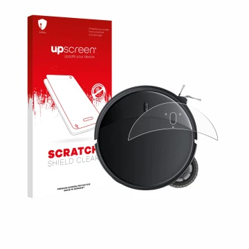 Parte frontal de un envase de producto con el logotipo de la marca upscreen. Al lado se muestra el dispositivo Roborock Saros 