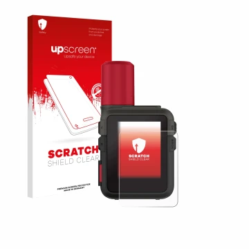 Parte frontal de un envase de producto con el logotipo de la marca upscreen. Al lado se muestra el dispositivo Garmin inReach 