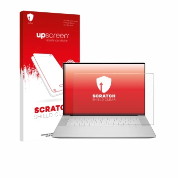 Parte frontal de un envase de producto con el logotipo de la marca upscreen. Al lado se muestra el dispositivo Dell 16 Premium