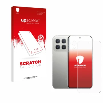Parte frontal de un envase de producto con el logotipo de la marca upscreen. Al lado se muestra el dispositivo Xiaomi Poco F8 