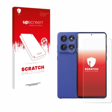 Parte frontal de un envase de producto con el logotipo de la marca upscreen. Al lado se muestra el dispositivo Motorola Edge 6