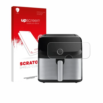 Parte frontal de un envase de producto con el logotipo de la marca upscreen. Al lado se muestra el dispositivo Tefal Easy Fry 