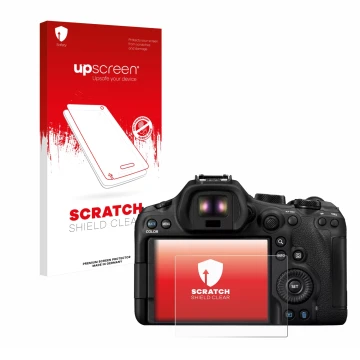 Parte frontal de un envase de producto con el logotipo de la marca upscreen. Al lado se muestra el dispositivo Canon EOS R6 Ma
