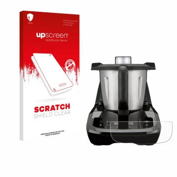 Parte frontal de un envase de producto con el logotipo de la marca upscreen. Al lado se muestra el dispositivo SilverCrest Mon