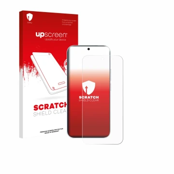 Parte frontal de un envase de producto con el logotipo de la marca upscreen. Al lado se muestra el dispositivo Vivo S50 con su