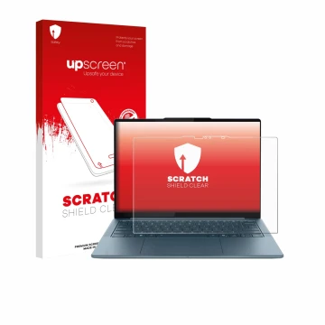 Parte frontal de un envase de producto con el logotipo de la marca upscreen. Al lado se muestra el dispositivo Lenovo Yoga Sli