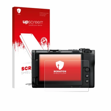 Parte frontal de un envase de producto con el logotipo de la marca upscreen. Al lado se muestra el dispositivo Nikon ZR 2025 c