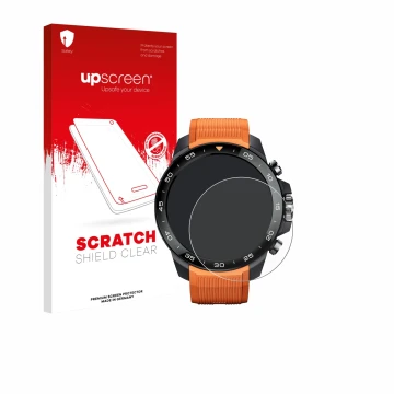 Parte frontal de un envase de producto con el logotipo de la marca upscreen. Al lado se muestra el dispositivo Xiaomi Mibro GS