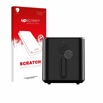 Parte frontal de un envase de producto con el logotipo de la marca upscreen. Al lado se muestra el dispositivo Xiaomi Air Frye