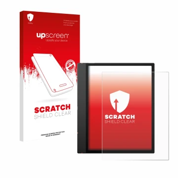 Parte frontal de un envase de producto con el logotipo de la marca upscreen. Al lado se muestra el dispositivo Boox Note Air 5