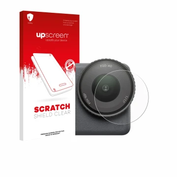 Parte frontal de un envase de producto con el logotipo de la marca upscreen. Al lado se muestra el dispositivo DJI Osmo Action