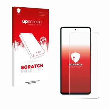 Parte frontal de un envase de producto con el logotipo de la marca upscreen. Al lado se muestra el dispositivo Oppo A5 con su 