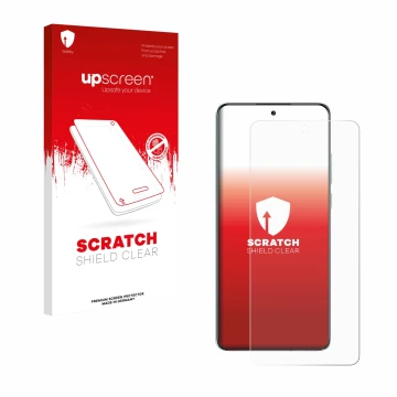 Parte frontal de un envase de producto con el logotipo de la marca upscreen. Al lado se muestra el dispositivo Oppo K13 con su