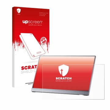 Parte frontal de un envase de producto con el logotipo de la marca upscreen. Al lado se muestra el dispositivo Arzopa Z3FC 16.