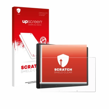Parte frontal de un envase de producto con el logotipo de la marca upscreen. Al lado se muestra el dispositivo Atoto X10 10