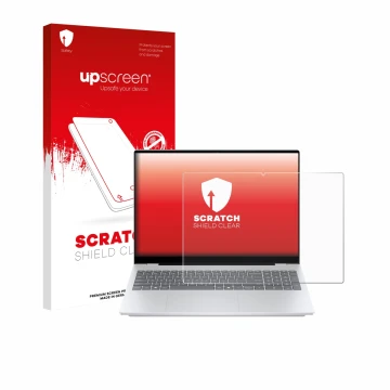 Parte frontal de un envase de producto con el logotipo de la marca upscreen. Al lado se muestra el dispositivo HP OmniBook 7 A