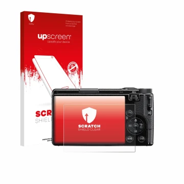 Parte frontal de un envase de producto con el logotipo de la marca upscreen. Al lado se muestra el dispositivo Ricoh GR IV HDF