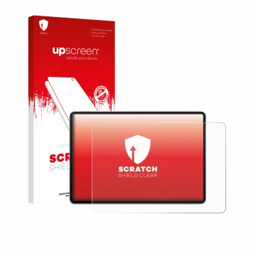 Parte frontal de un envase de producto con el logotipo de la marca upscreen. Al lado se muestra el dispositivo Huawei MatePad 
