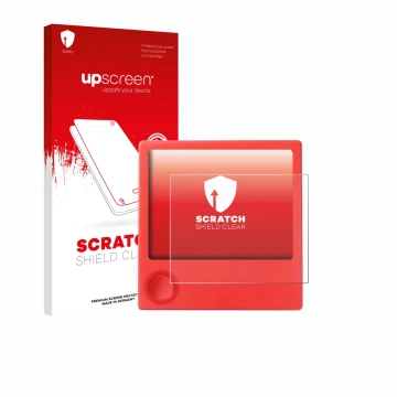 Parte frontal de un envase de producto con el logotipo de la marca upscreen. Al lado se muestra el dispositivo PicPak E-Ink Di