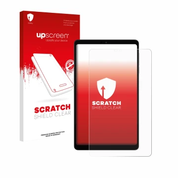 Parte frontal de un envase de producto con el logotipo de la marca upscreen. Al lado se muestra el dispositivo Alldocube iPlay