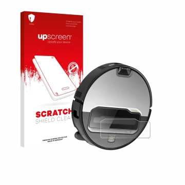 Parte frontal de un envase de producto con el logotipo de la marca upscreen. Al lado se muestra el dispositivo Roborock Saros 