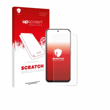 Parte frontal de un envase de producto con el logotipo de la marca upscreen. Al lado se muestra el dispositivo Nubia V80 Pro c