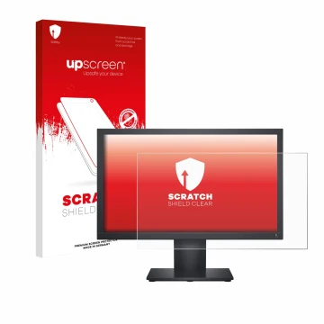Parte frontal de un envase de producto con el logotipo de la marca upscreen. Al lado se muestra el dispositivo Dell E1920H con