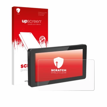Parte frontal de un envase de producto con el logotipo de la marca upscreen. Al lado se muestra el dispositivo Innovv N1 5.5