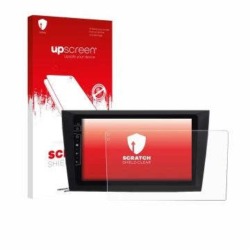 Parte frontal de un envase de producto con el logotipo de la marca upscreen. Al lado se muestra el dispositivo Dynavin D8-DF31