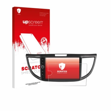 Parte frontal de un envase de producto con el logotipo de la marca upscreen. Al lado se muestra el dispositivo Joying Car Radi