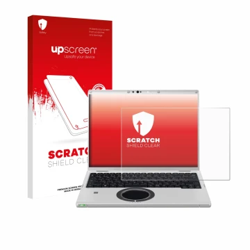 Parte frontal de un envase de producto con el logotipo de la marca upscreen. Al lado se muestra el dispositivo Panasonic CF-FV