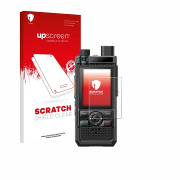 Parte frontal de un envase de producto con el logotipo de la marca upscreen. Al lado se muestra el dispositivo Hytera P50 con 