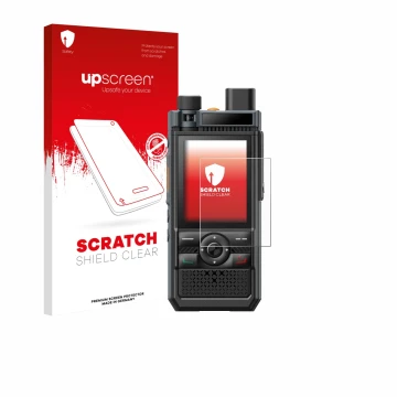 Parte frontal de un envase de producto con el logotipo de la marca upscreen. Al lado se muestra el dispositivo Hytera P50 Pro 