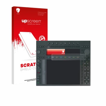 Parte frontal de un envase de producto con el logotipo de la marca upscreen. Al lado se muestra el dispositivo Ableton Push 3 