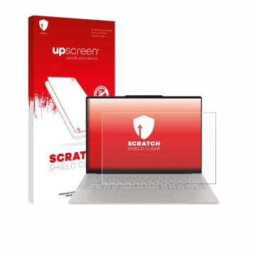 Parte frontal de un envase de producto con el logotipo de la marca upscreen. Al lado se muestra el dispositivo Lenovo Yoga Sli