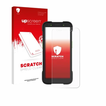 Parte frontal de un envase de producto con el logotipo de la marca upscreen. Al lado se muestra el dispositivo Zebra TC701 con
