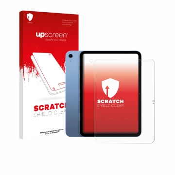 Parte frontal de un envase de producto con el logotipo de la marca upscreen. Al lado se muestra el dispositivo Apple iPad 10.9