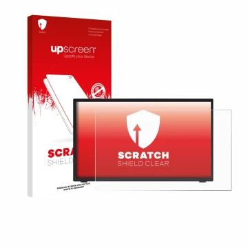 Parte frontal de un envase de producto con el logotipo de la marca upscreen. Al lado se muestra el dispositivo Elo TouchSystem