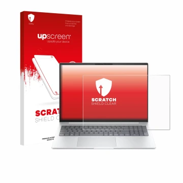 Parte frontal de un envase de producto con el logotipo de la marca upscreen. Al lado se muestra el dispositivo HP EliteBook 8 
