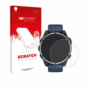 Parte frontal de un envase de producto con el logotipo de la marca upscreen. Al lado se muestra el dispositivo Garmin quatix 8