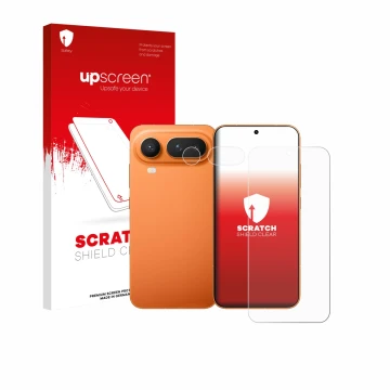 Parte frontal de un envase de producto con el logotipo de la marca upscreen. Al lado se muestra el dispositivo Honor Magic 8 P