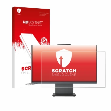 Parte frontal de un envase de producto con el logotipo de la marca upscreen. Al lado se muestra el dispositivo Lenovo ThinkCen